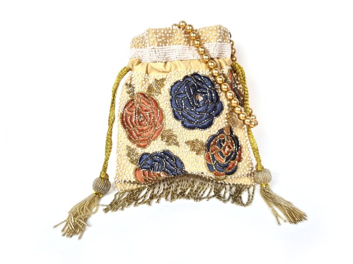 Bolsa Clutch Pouch Indiana com pedrarias florais bege e color
