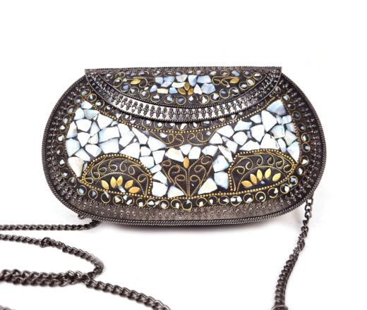 Bolsa indiana de metal mosaico de pedras em madrepérolas com metal escuro, para festas