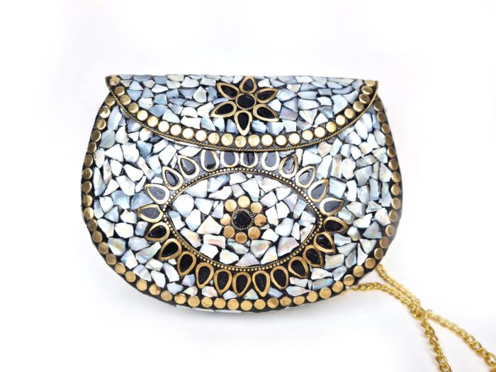 Bolsa indiana de metal mosaico de pedras naturais madrepérolas e Olho Grego