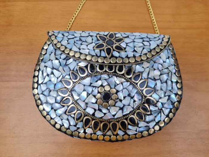 Bolsa indiana de metal mosaico de pedras naturais madrepérolas e Olho Grego