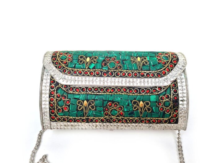 Bolsa indiana de metal mosaico de pedras naturais malaquita e coral