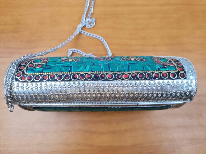 Bolsa indiana de metal mosaico de pedras naturais malaquita e coral