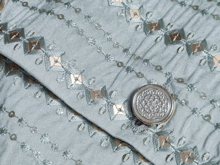 Jacket Kurta Set em Seda Verde Menta Banarasi com Broche