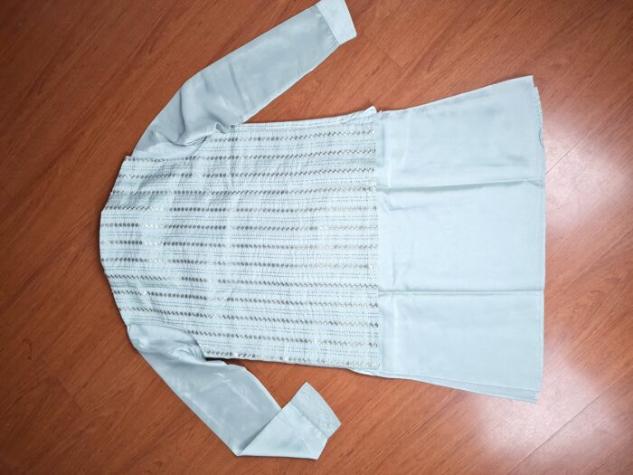 Jacket Kurta Set em Seda Verde Menta Banarasi com Broche