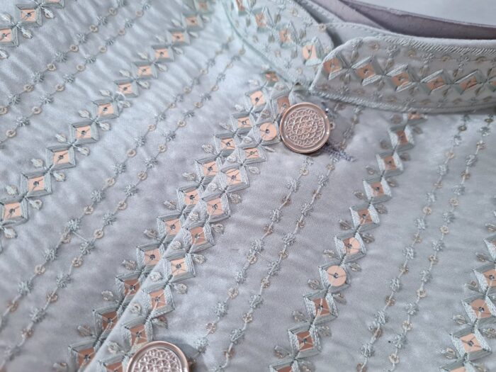 Jacket Kurta Set em Seda Verde Menta Banarasi com Broche