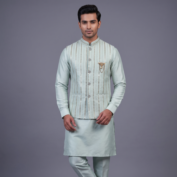 Jacket Kurta Set em Seda Verde Menta Banarasi com Broche