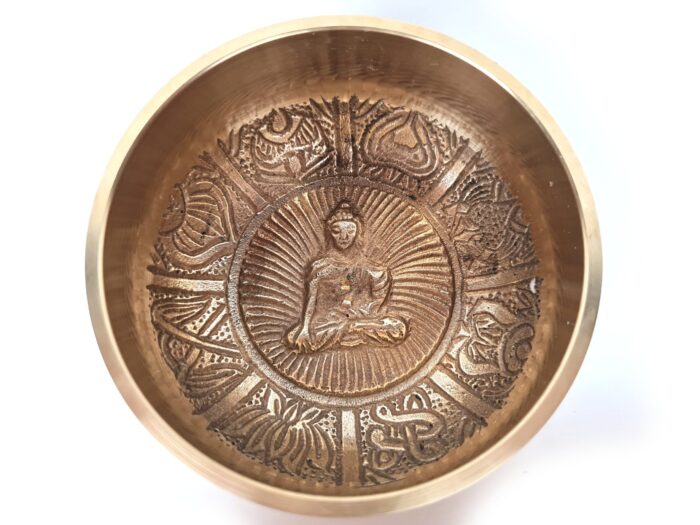 Tigela tibetana com 7 ligas dourada Buda e 8 símbolos auspiciosos 9,5cm
