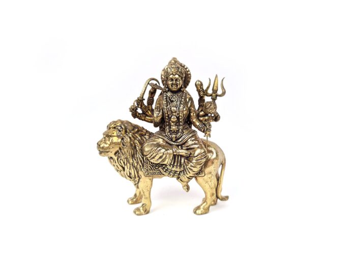 estatua indiana de Durga Fine Art, com liga matélica dourada e acabamento fino de traços, e detalhes, 8,5cmde altura.