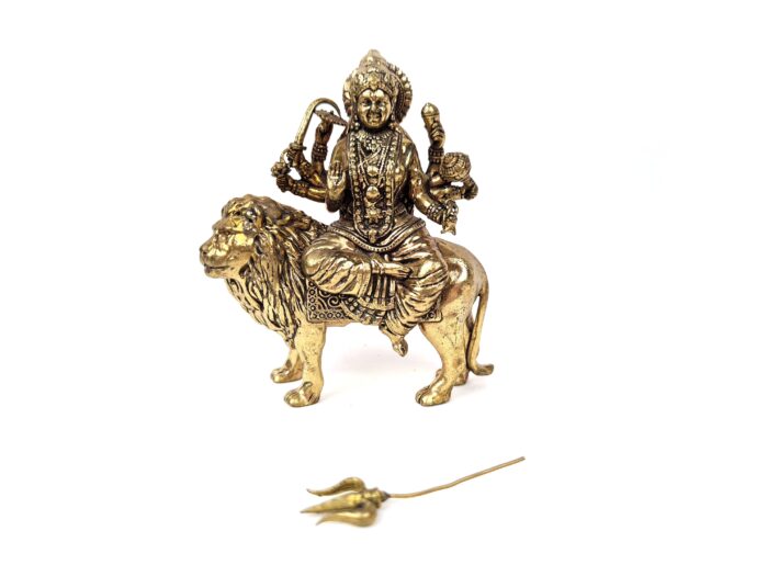 Estátua indiana da Deusa Durga e o leão metal dourado 8cm