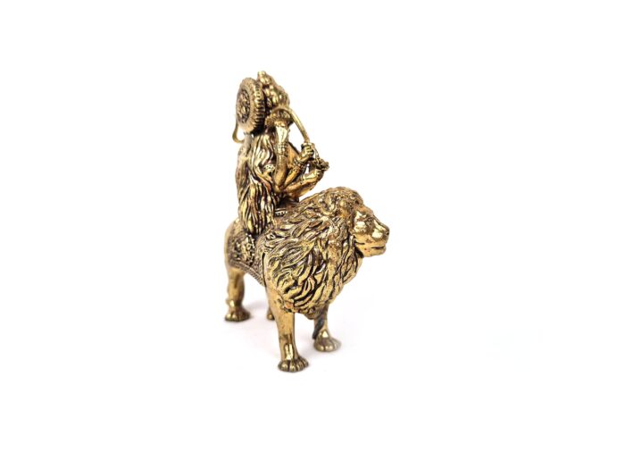 Estátua indiana da Deusa Durga e o leão metal dourado 8cm
