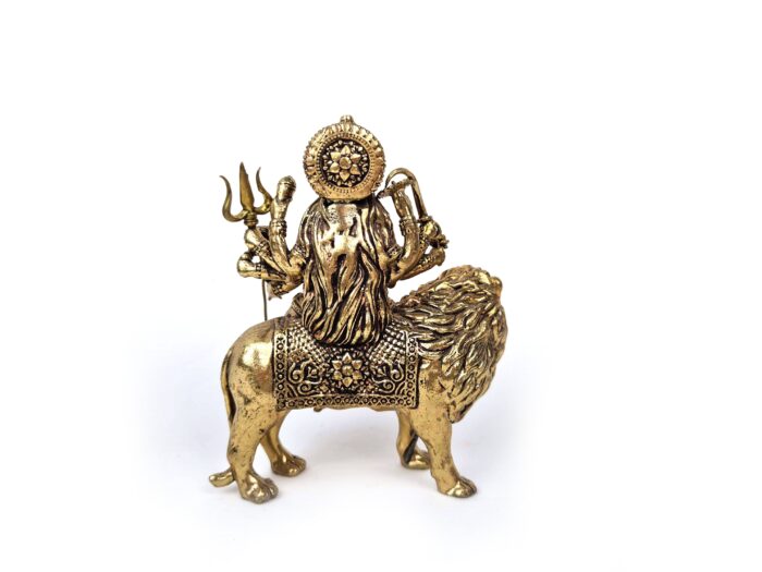 Estátua indiana da Deusa Durga e o leão metal dourado 8cm