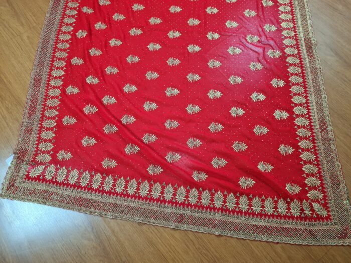 Saree Vermelho Bordado com Fios Dourados e Pedrarias com dupatta inclusa