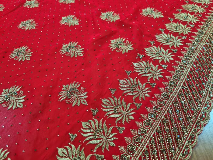 Saree Vermelho Bordado com Fios Dourados e Pedrarias com dupatta inclusa