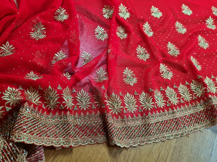 Saree Vermelho Bordado com Fios Dourados e Pedrarias com dupatta inclusa