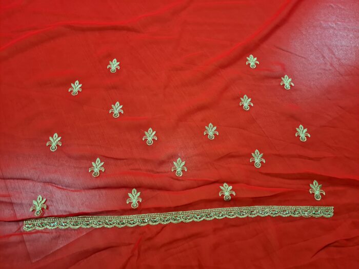 Saree Vermelho Bordado com Fios Dourados e Pedrarias com dupatta inclusa