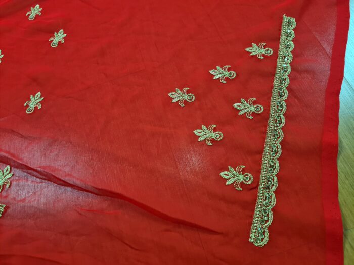Saree Vermelho Bordado com Fios Dourados e Pedrarias com dupatta inclusa