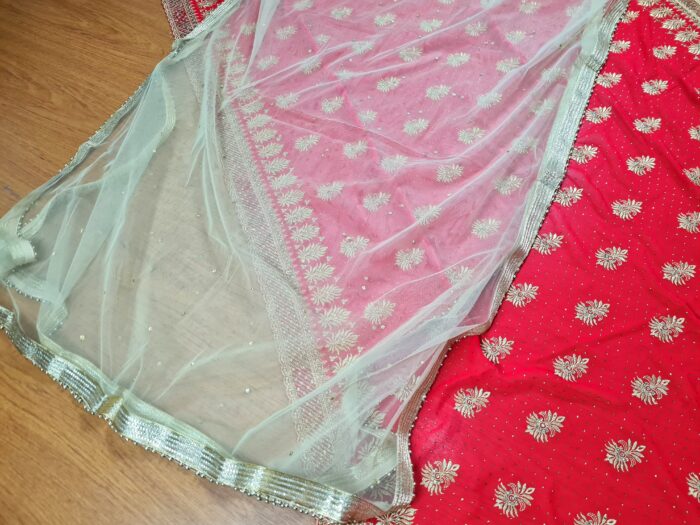 Saree Vermelho Bordado com Fios Dourados e Pedrarias com dupatta inclusa