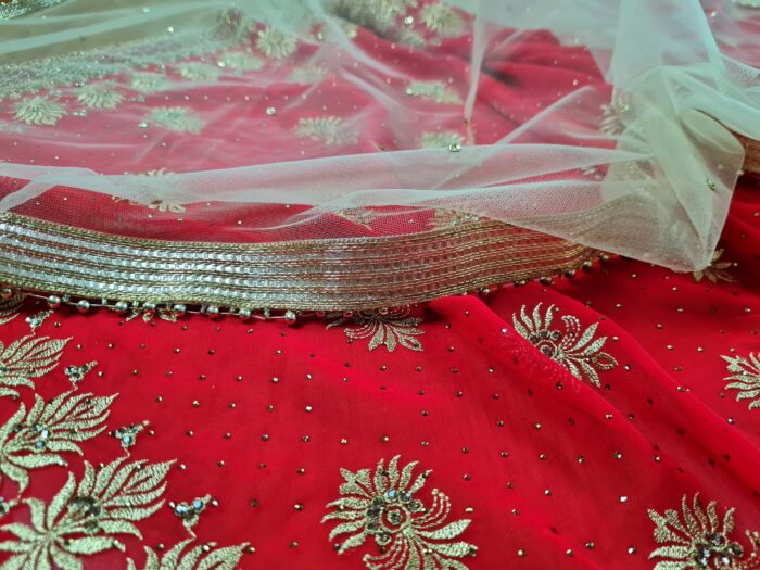Saree Vermelho Bordado com Fios Dourados e Pedrarias com dupatta inclusa