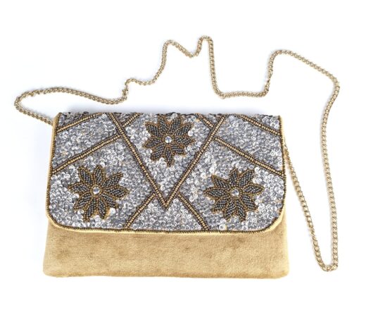 Bolsa indiana clutch carteira tecido com bordados florais bege e metalizados