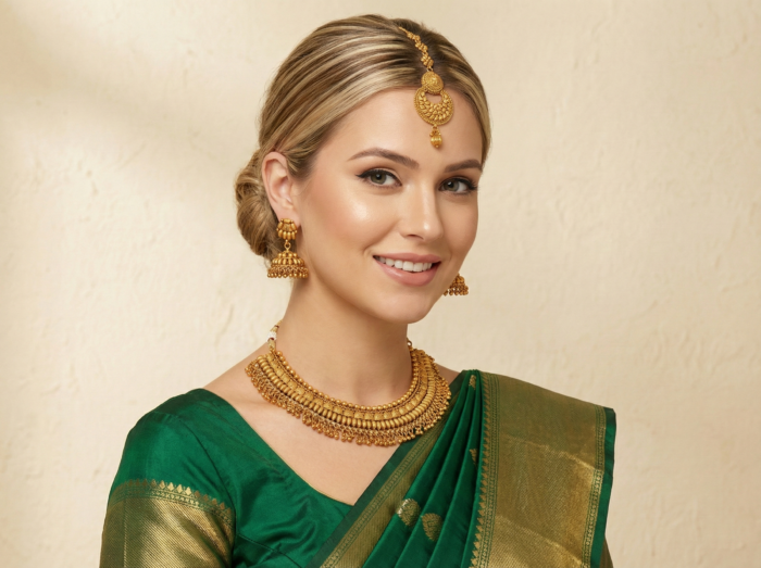 Conjunto completo de semi joia indiana para festas Temple Jewellery