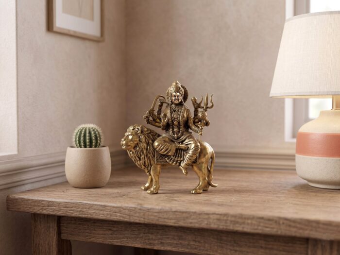 Estátua indiana da Deusa Durga e o leão metal dourado 8cm