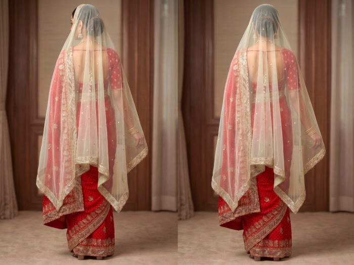 Saree Vermelho Bordado com Fios Dourados e Pedrarias com dupatta inclusa