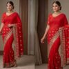 Saree Vermelho Bordado com Fios Dourados e Pedrarias com dupatta inclusa