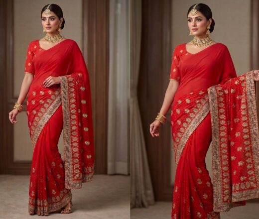 saree de noiva vermelho e bordado com zari dourado e pedras Saree Vermelho Bordado com Fios Dourados e Pedrarias com dupatta inclusa