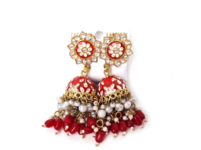 20250927_123422 Brinco indiano Meenakari Jhumka esmaltado vermelho com pérolas