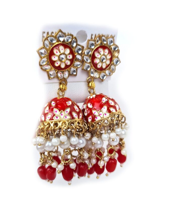 20250927_123438 Brinco indiano Meenakari Jhumka esmaltado vermelho com pérolas