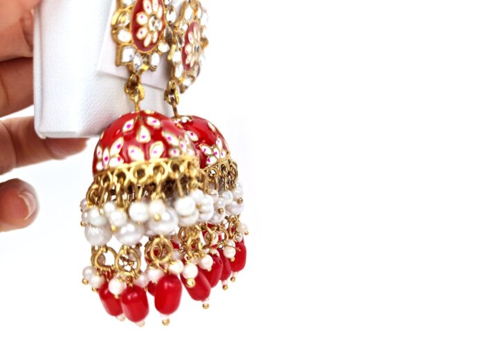 20250927_123443_001 Brinco indiano Meenakari Jhumka esmaltado vermelho com pérolas