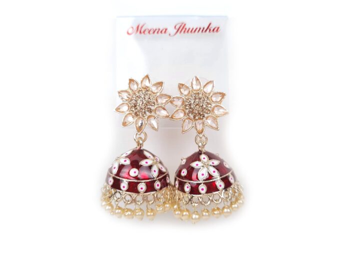 20250927_123818 Brinco indiano Meenakari Jhumka sino floral vermelho rubi esmaltado
