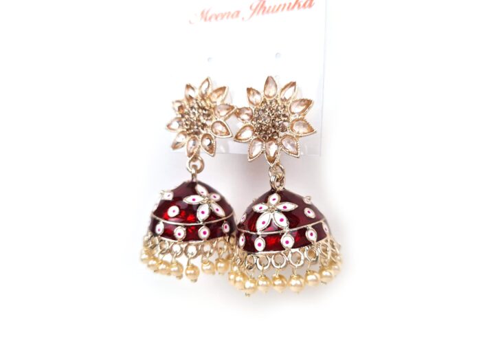 20250927_123821 Brinco indiano Meenakari Jhumka sino floral vermelho rubi esmaltado