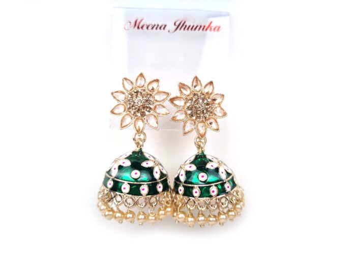 Brinco indiano Meenakari Jhumka sino floral verde esmaltado