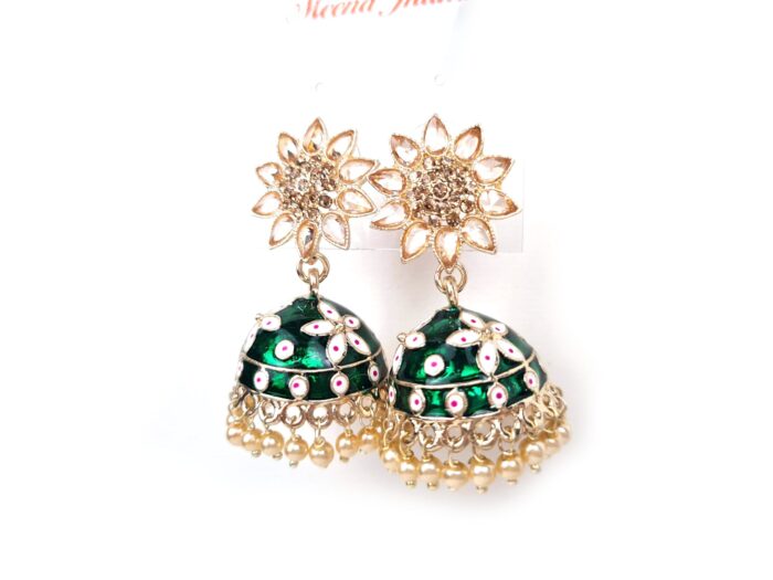 Brinco indiano Meenakari Jhumka sino floral verde esmaltado