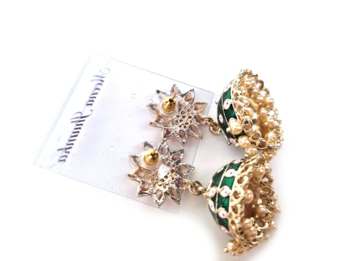 Brinco indiano Meenakari Jhumka sino floral verde esmaltado