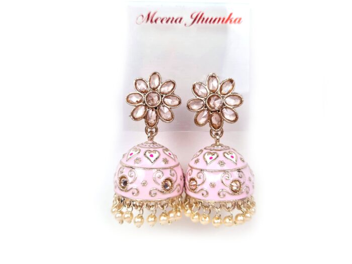 20250927_123924 Brinco indiano Meenakari Jhumka sino floral rosa claro esmaltado