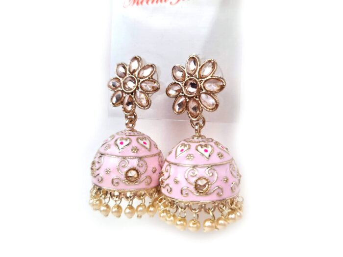 20250927_123927 Brinco indiano Meenakari Jhumka sino floral rosa claro esmaltado