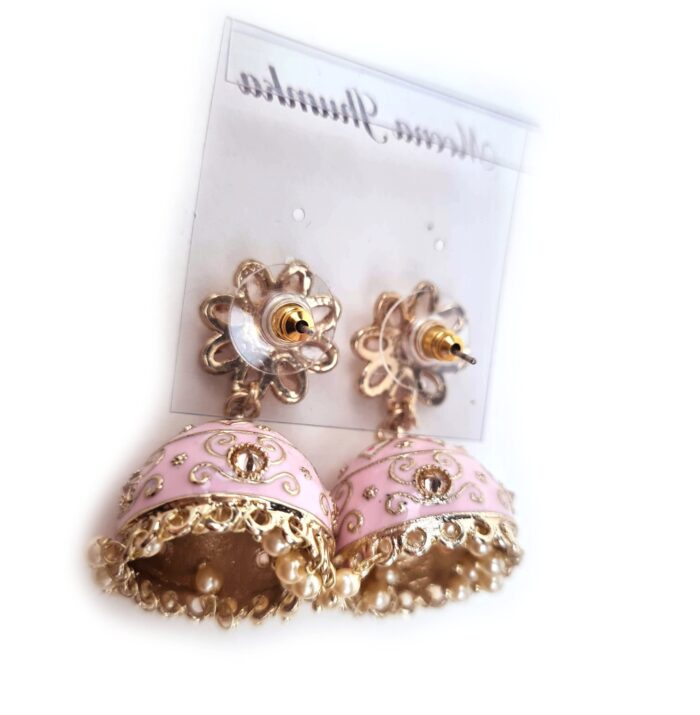 20250927_123933 Brinco indiano Meenakari Jhumka sino floral rosa claro esmaltado