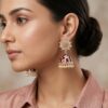 brinco indiano de sino vermelho com pedras rosé e pérolas Brinco indiano Meenakari Jhumka sino floral vermelho rubi esmaltado