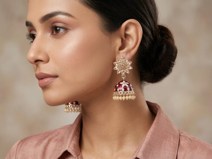brinco indiano de sino vermelho com pedras rosé e pérolas Brinco indiano Meenakari Jhumka sino floral vermelho rubi esmaltado