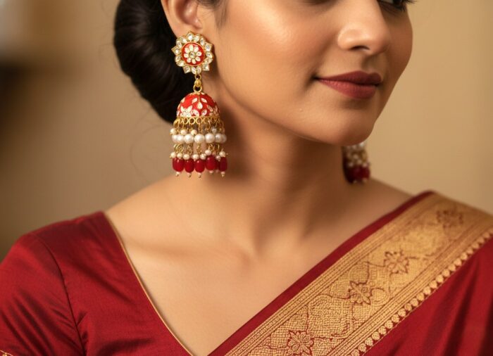 brinco-indiano-sino-casamento-vermelho-jhumka Brinco indiano Meenakari Jhumka esmaltado vermelho com pérolas