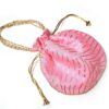 Bolsa indiana de festa de tecido rosa e dourado com alça de pérolas