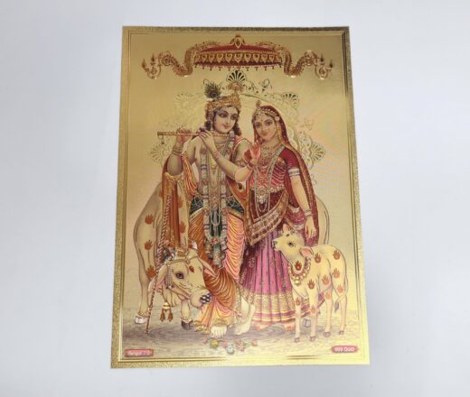 20251222_192403 Folha laminada dourada decorativa Radha e Krishna com animais sagrados
