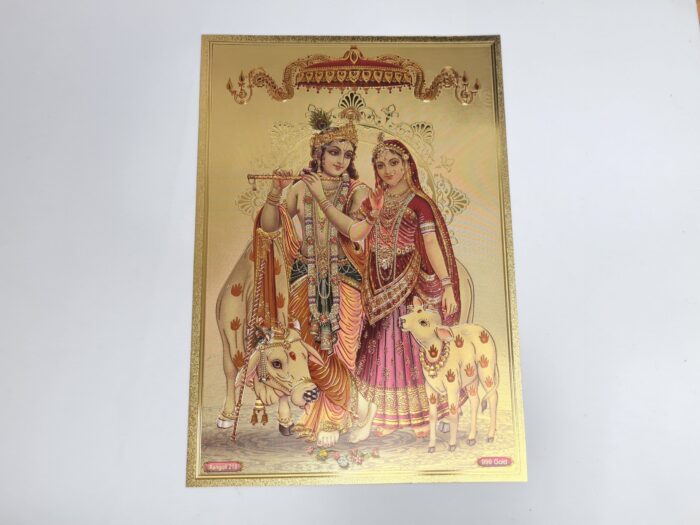 Folha laminada dourada decorativa Radha e Krishna com animais sagrados