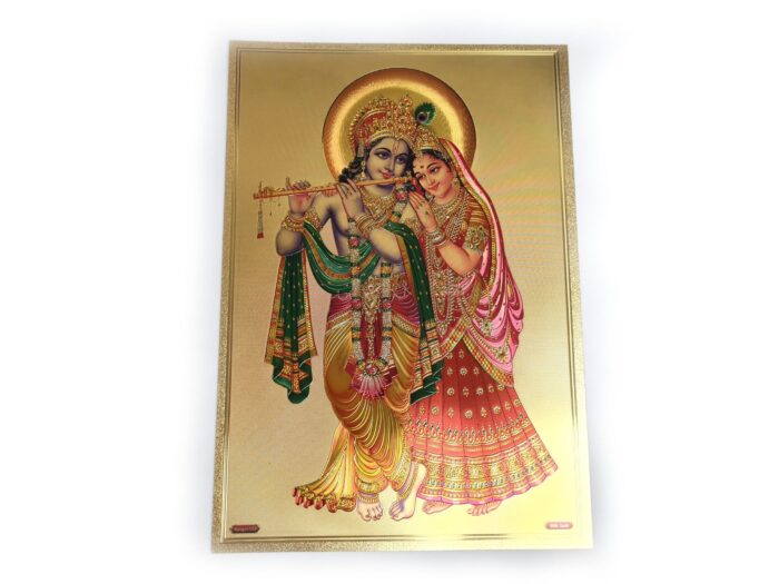 Folha laminada dourada decorativa Krishna e sua consorte Radha