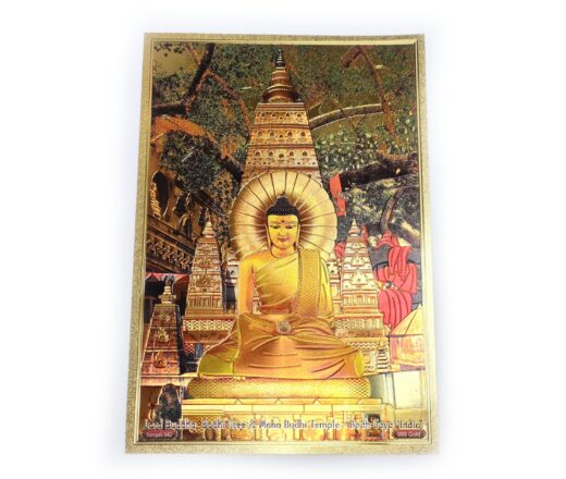 Folha laminada dourada e colorida para usar na decoração, com estampa Buda Meditando – Templo Mahabodhi, Bodhgaya 