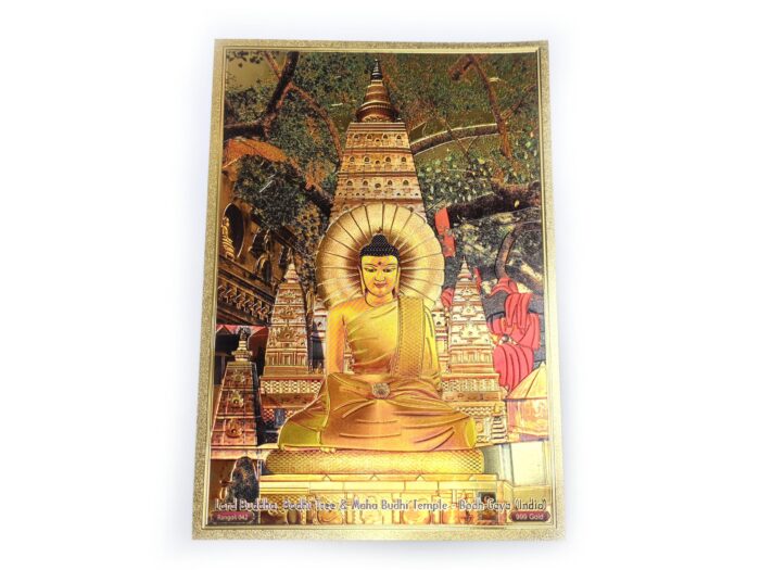 20251222_192746 Folha laminada dourada e colorida para usar na decoração, com estampa Buda Meditando – Templo Mahabodhi, Bodhgaya