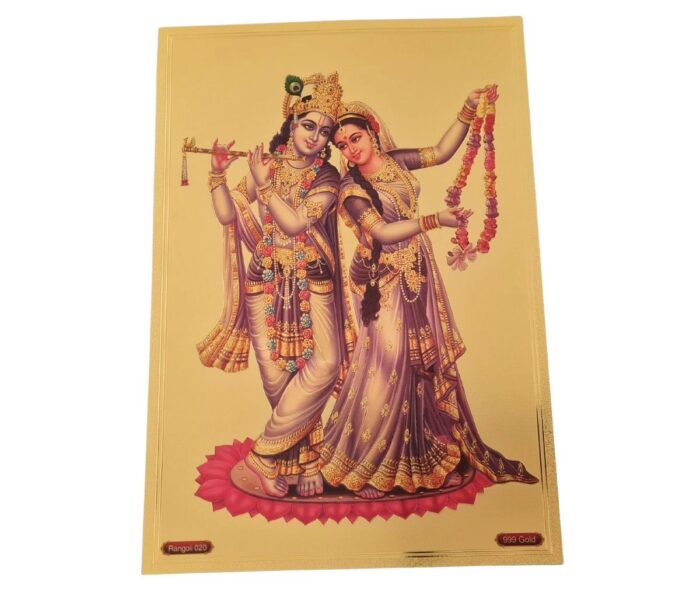 Folha laminada dourada decorativa Radha e Krishna dançando