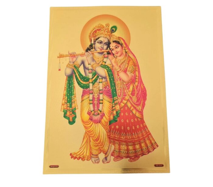 Folha laminada dourada decorativa Krishna e sua consorte Radha